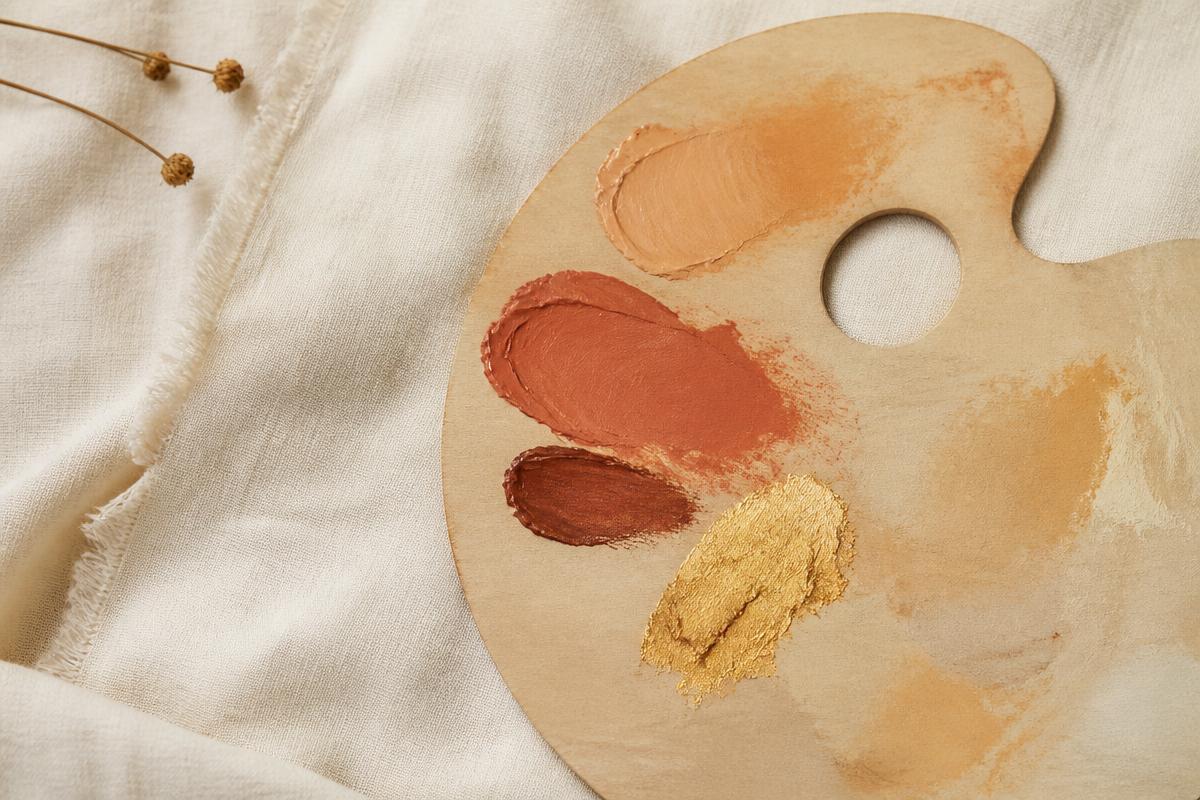 Palette d'artiste avec des touches de peinture ocre, terracotta et or sur un lin crème